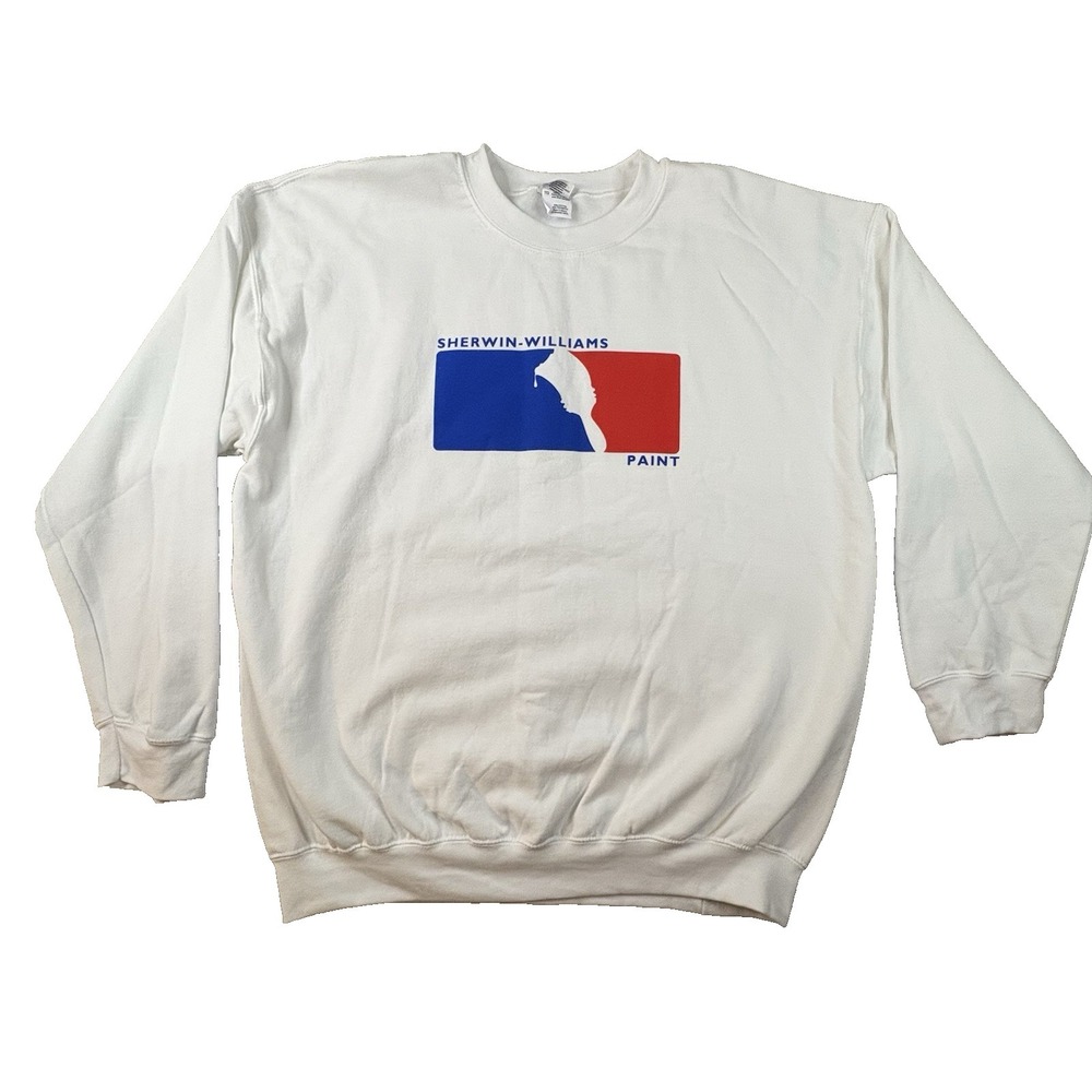 Gildan Men's XL White Sherwin Williams Paint Logo Graphic Crewneck‎ Sweatshirt